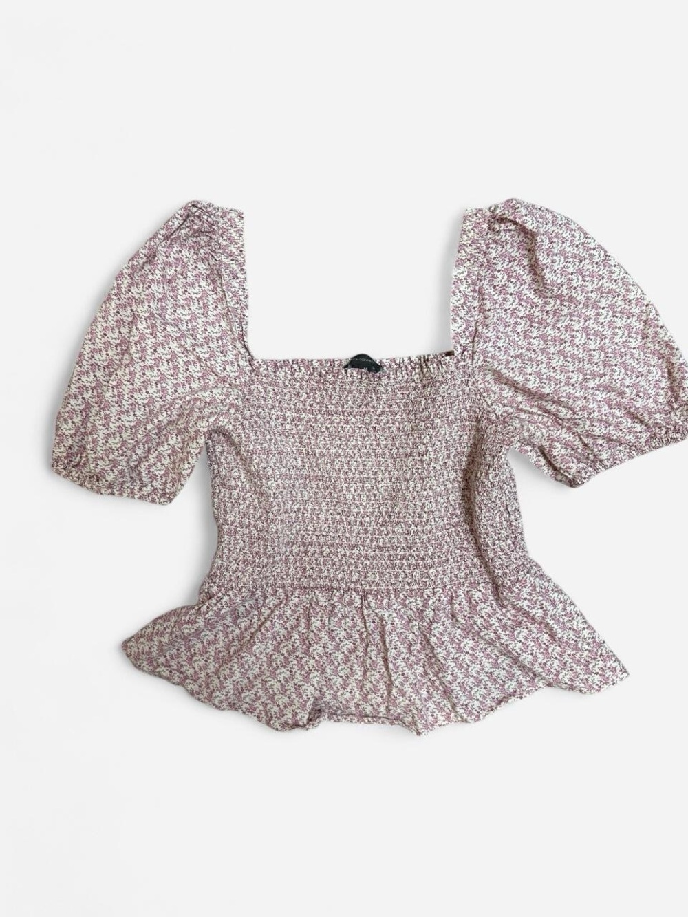 French Connection Mauve Floral Smocked Puff Sleeve Peplum Top